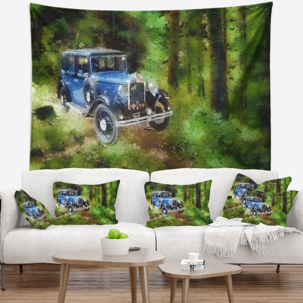 Designart 'Dark Blue Vintage Car Oil Painting' Car Wall Tapestry