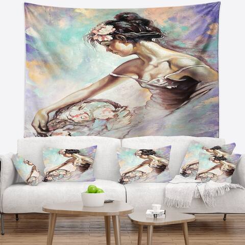 Designart 'Girl with Flower Bouquet' Floral Wall Tapestry