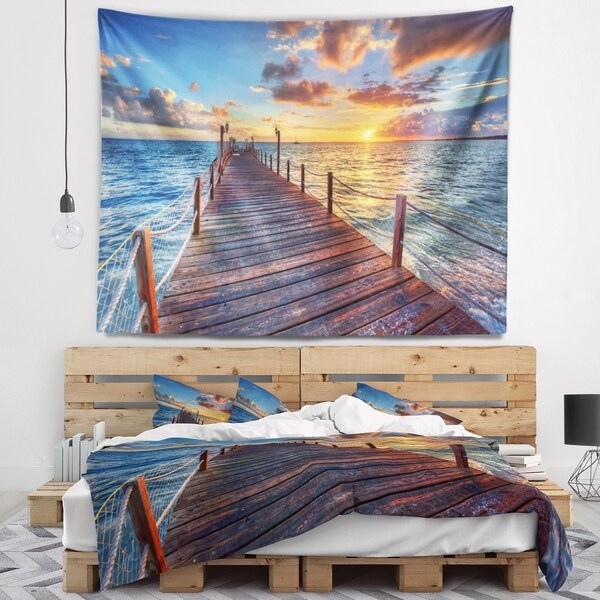 Designart 'Beautiful Sunset over Sea Pier' Modern Wall Tapestry