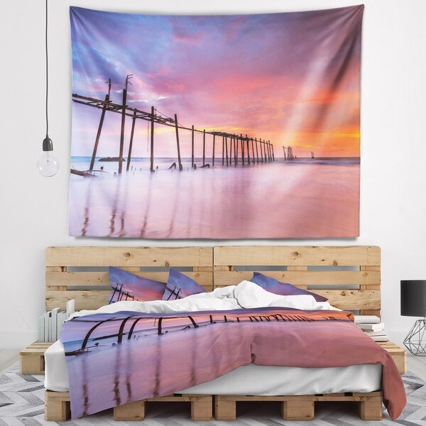 Designart 'Abandoned Wooden Pier at Sunset' Pier Seascape Wall Tapestry