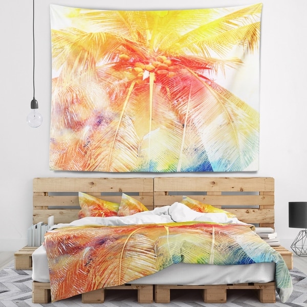 Designart 'Retro Palm Red Yellow Watercolor' Trees Painting Wall Tapestry
