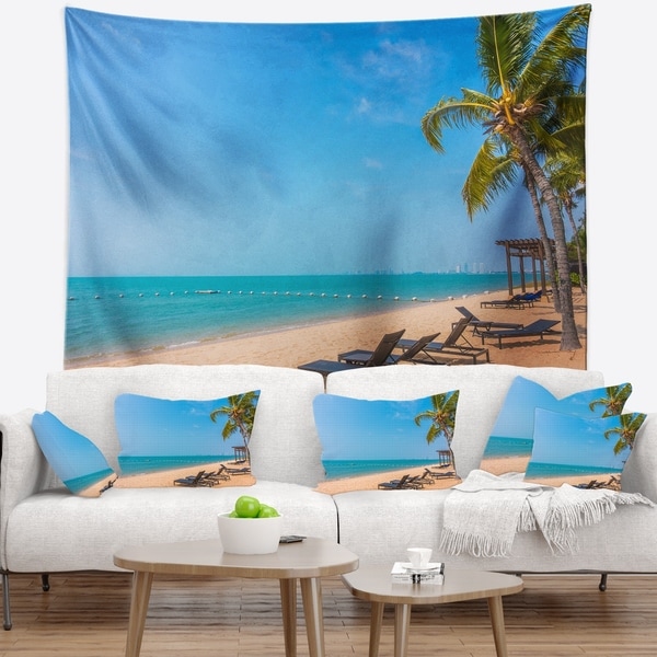 Designart 'Blue Beach with Palm Trees' Seashore Photo Wall Tapestry