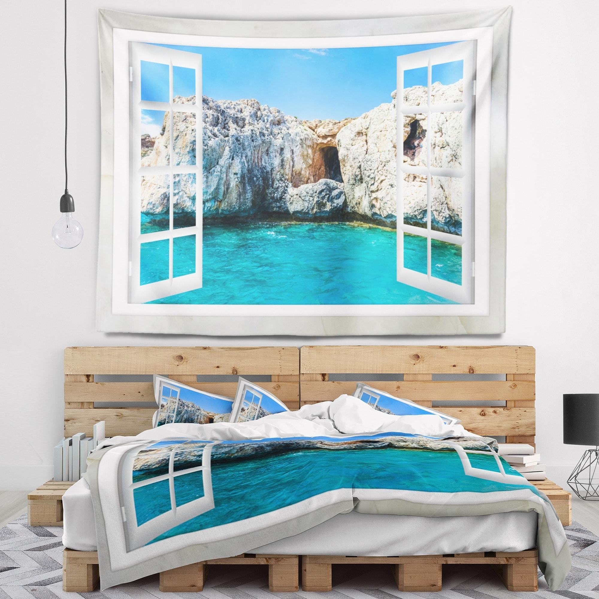 in Designart TAP11435-39-32  Open Window to Rocky Sunny Ocean Seashore Blanket Décor Art for Home and Office Wall Tapestry Medium x 32 in 39 in