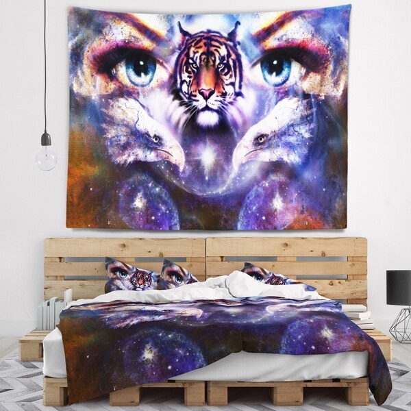 Designart 'Tiger Eagles and Woman Eyes Collage' Animal Wall Tapestry