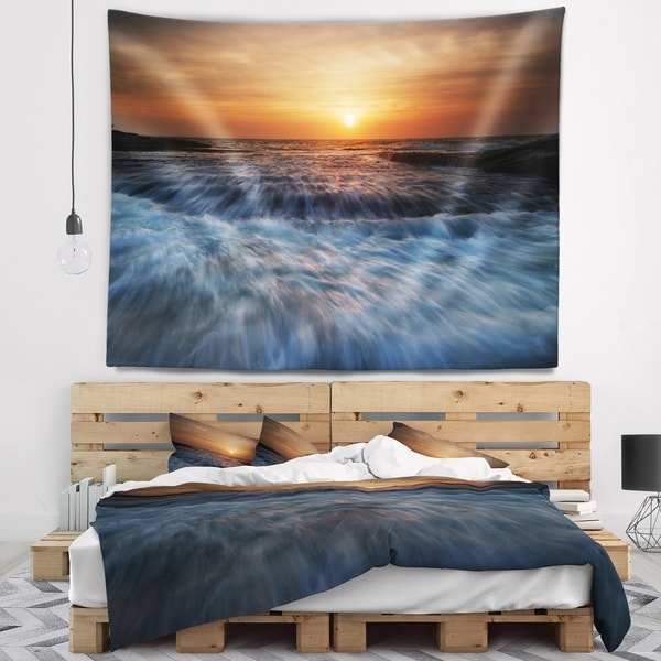 Designart 'Sunrise over Rushing White Waves' Modern Beach Wall Tapestry