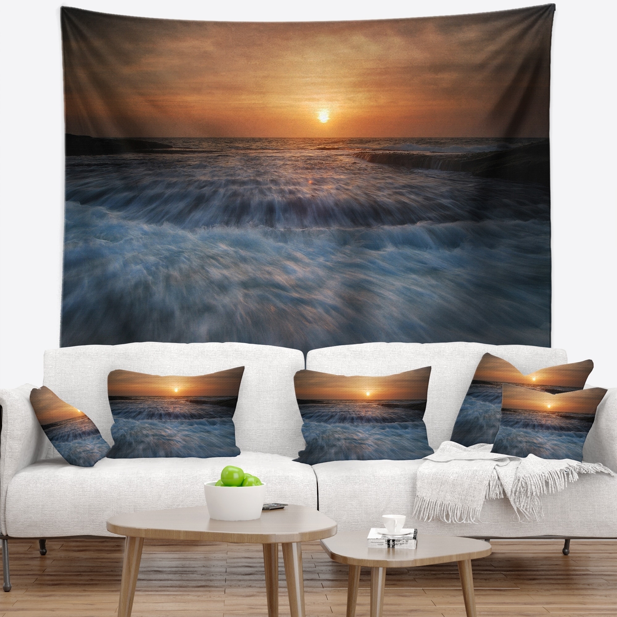 Designart 'Sunrise over Rushing White Waves' Modern Beach Wall Tapestry ...