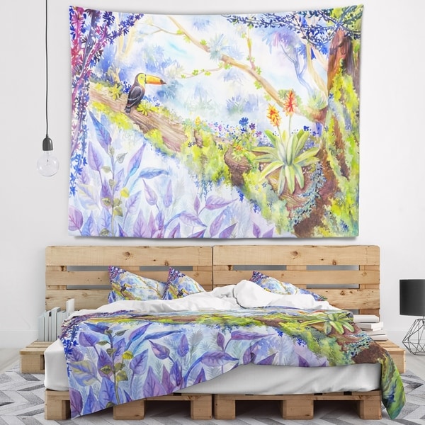 Designart 'Jungle with Bird Toucan on Tree' Landscape Wall Tapestry