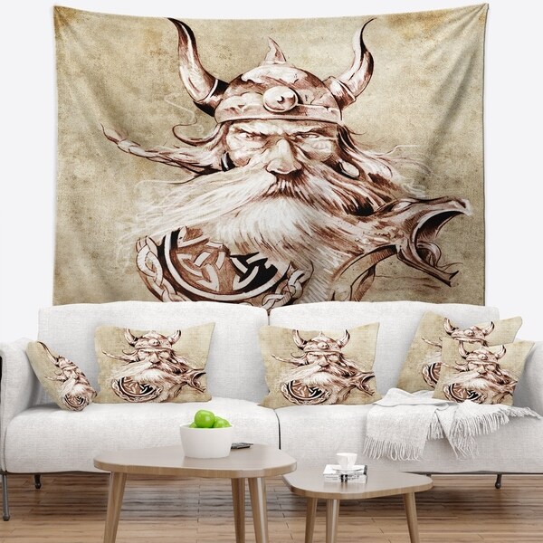 Designart 'Viking Warrior Tattoo Sketch' Abstract Portrait Wall Tapestry