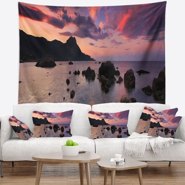 Designart 'Rocky Colorful Beach Panorama' Modern Seashore Wall Tapestry