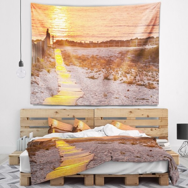 Designart 'Yellowish Boardwalk into Seashore' Bridge Wall Tapestry