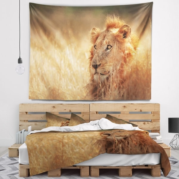 Designart 'Relaxing Lion in Grassland' African Wall Tapestry