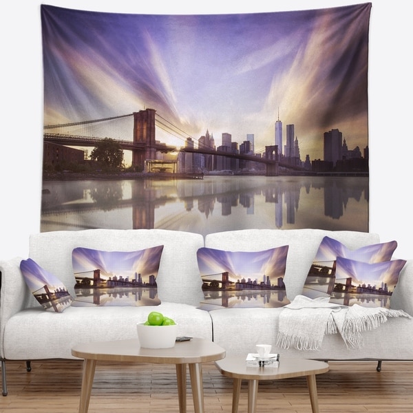 Designart 'Purple Sky Over Brooklyn Bridge' Cityscape Photo Wall Tapestry