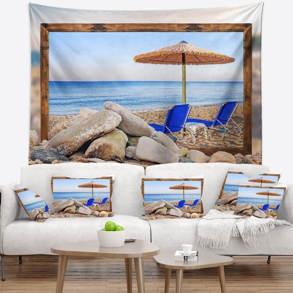 Designart 'Framed Effect Beach with Chairs Umbrella' Seashore Photo Wall Tapestry