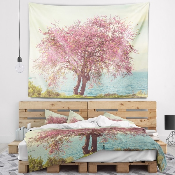 Designart 'Pink Flowers on Lonely Tree' Landscape Wall Tapestry