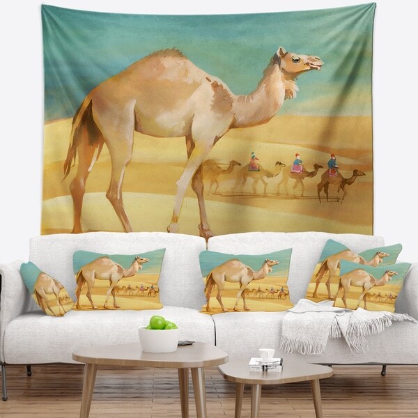 Designart 'Camel Walking in Desert' Watercolor Animal Wall Tapestry