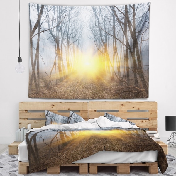 Designart 'Yellow Sun Rays in Misty Forest' Landscape Photography Wall Tapestry