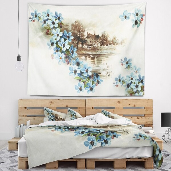 Designart 'Blue Flowers Illustration' Floral Wall Tapestry