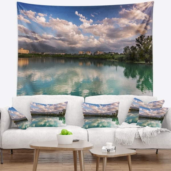 Designart 'City Lake with Cloud Reflection' Cityscape Photo Wall Tapestry