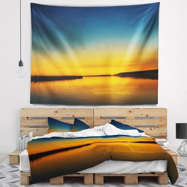 Designart 'Orange Sunset Over River' Skyline Photography Wall Tapestry
