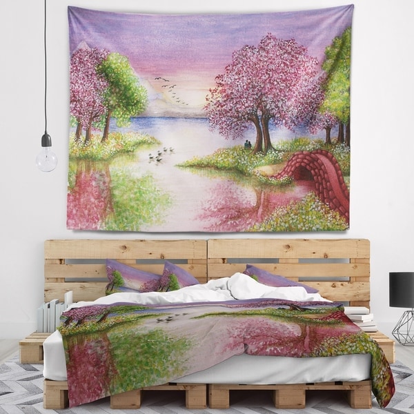 Designart 'Romantic Lake in Pink and Green' Landscape Wall Tapestry