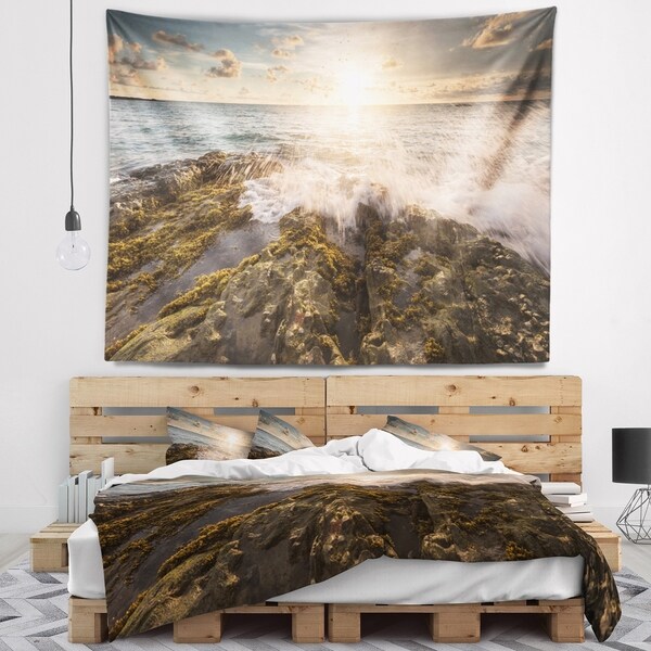 Designart 'Sea Waves Impact on Rocky Shore' Beach Photo Wall Tapestry