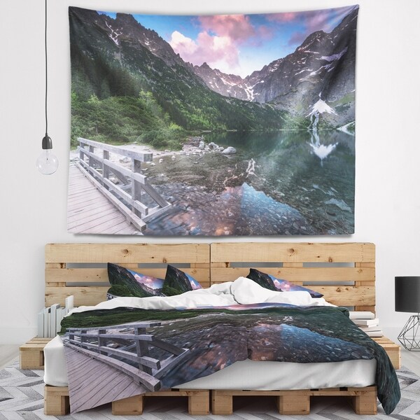Designart 'Wooden Foot Bridge Over Lake' Landscape Wall Tapestry