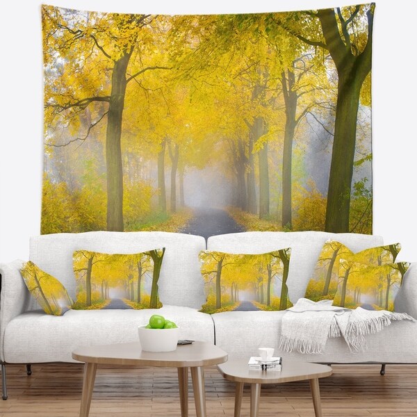 Designart 'Misty Road in Yellow Autumn Forest' Landscape Photography Wall Tapestry