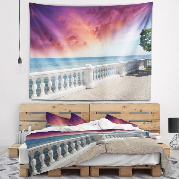 Designart 'Stone Balcony with Ocean View' Seashore Photo Wall Tapestry