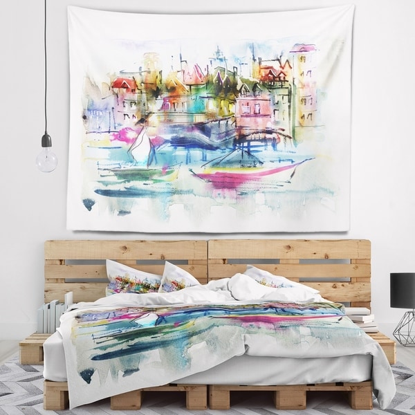 Designart 'Houses and Boats' Landscape Wall Tapestry