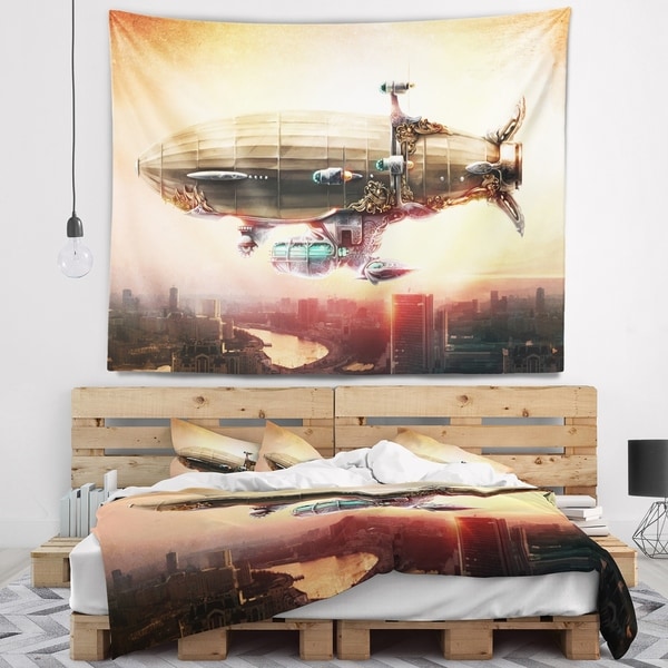 Designart 'Dirigible Balloon in Sky over City' Abstract Wall Tapestry