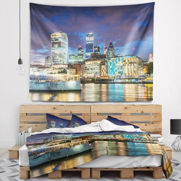 Designart 'Thames River at Night' Cityscape Photography Wall Tapestry