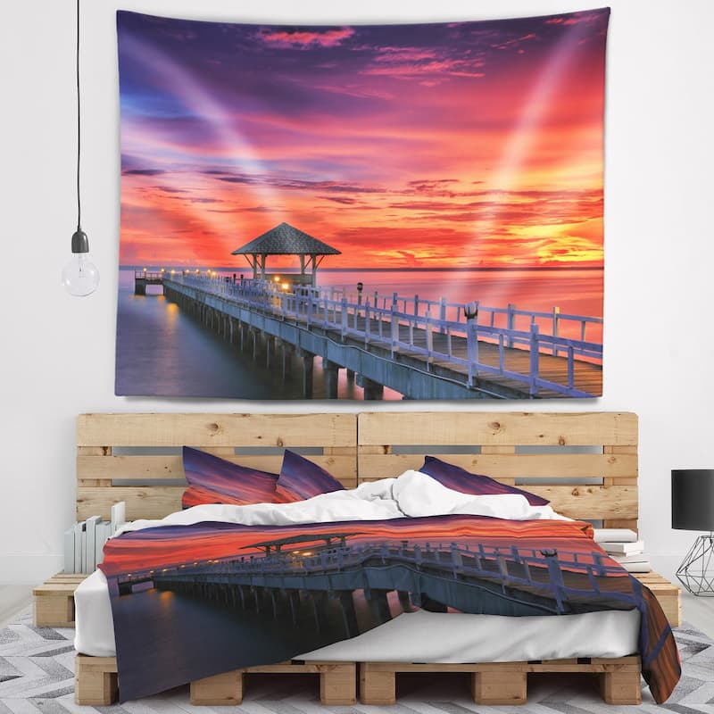 Designart 'Long Wooden Bridge and Colorful Sky' Sea Bridge Wall Tapestry - 39 in. x 32 in.