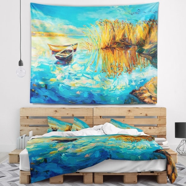 Designart 'Colorful Lake with Boats' Seascape Wall Tapestry