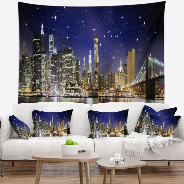 Designart 'Night Colors over Brooklyn Bridge' Cityscape Photo Wall Tapestry