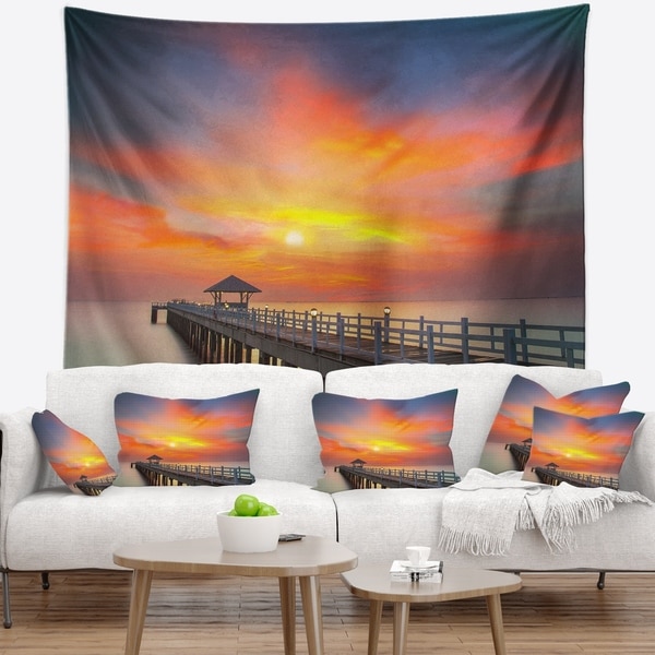 Designart 'Wooden Bridge under Yellow Sky' Pier Seascape Wall Tapestry