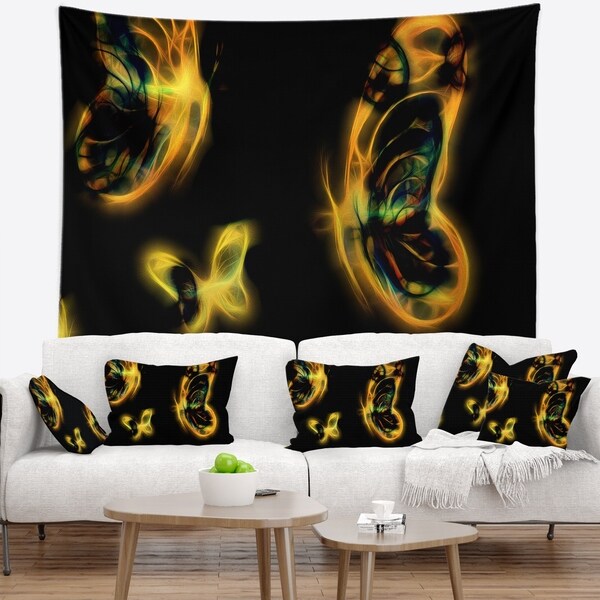 Designart 'Yellow Fractal Butterflies on Black' Floral Wall Tapestry