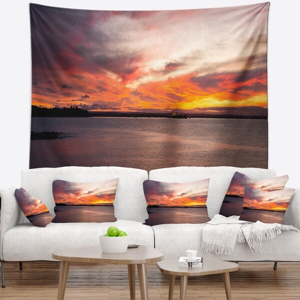 Designart 'Yellow Sky Over Calm Sydney Coast' Seashore Wall Tapestry
