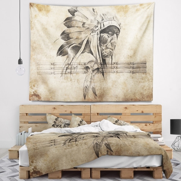 Designart 'American Indian Warrior Tattoo Sketch' Abstract Wall Tapestry