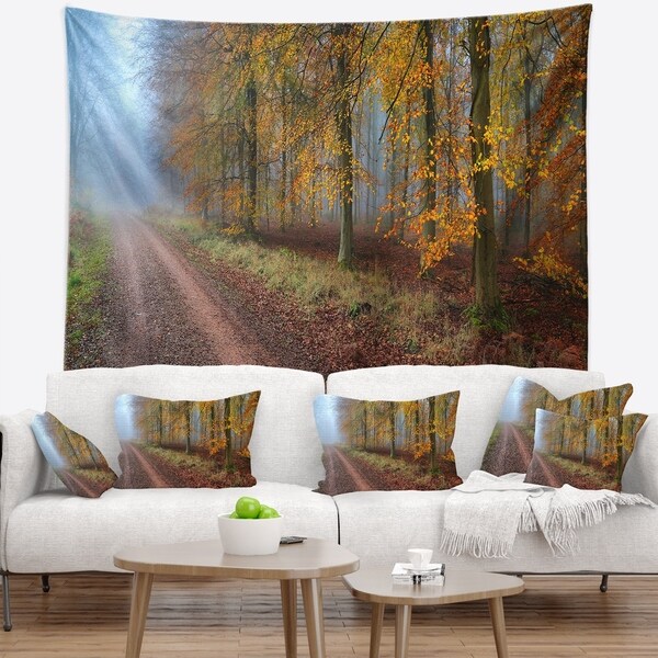 Designart 'Raising Sun in Fall Forest Panorama' Forest Wall Tapestry