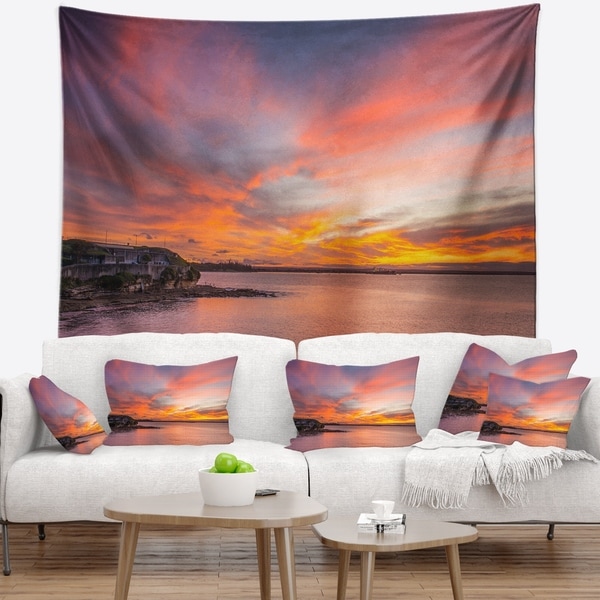 Designart 'Calm Sydney Beach with Yellow Sky' Seashore Wall Tapestry