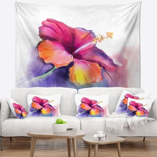 Designart 'Red Yellow Hibiscus Flower in Blue' Flower Wall Tapestry