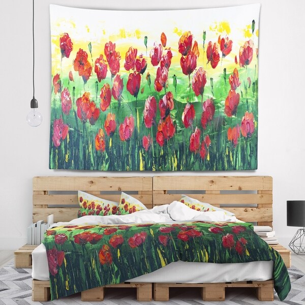 Designart 'Wild Red Poppies Field Panorama' Modern Landscape Wall Tapestry