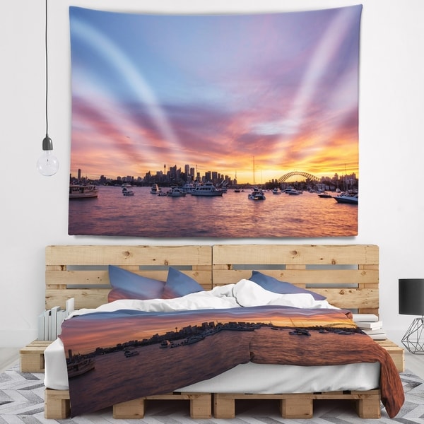 Designart 'Ferry in Sydney Harbor at Sunset' Landscape Wall Tapestry