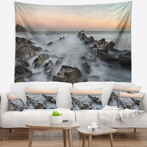 Designart 'Rocky Beach with White Waters' Modern Seashore Wall Tapestry