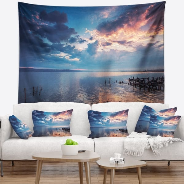 Designart Dramatic Sky Over Sunset Lake Landscape Wall Tapestry Overstock 20924871