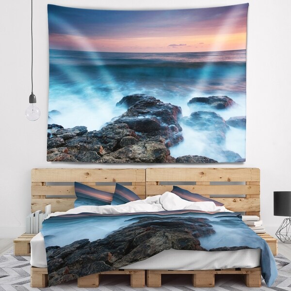 Designart 'Rocky Beach and White Waves' Seashore Wall Tapestry