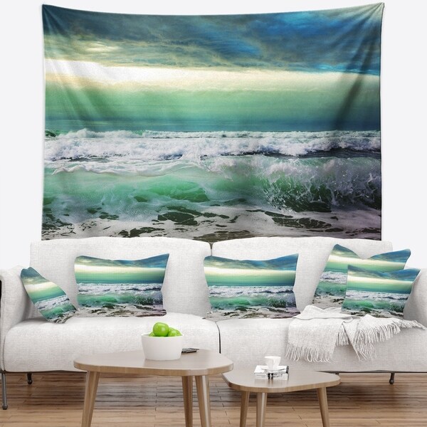 Designart 'Green Foaming Waves and Blue Sky' Seashore Wall Tapestry