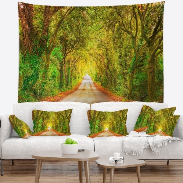 Designart 'Fall Greenery and Road Straight Ahead' Forest Wall Tapestry