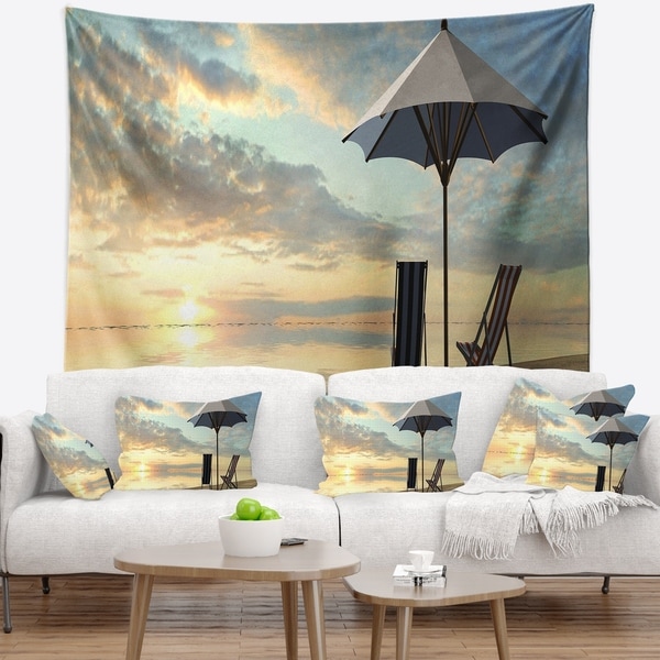Designart 'Deck Chairs and Umbrella on Beach' Modern Seascape Wall Tapestry