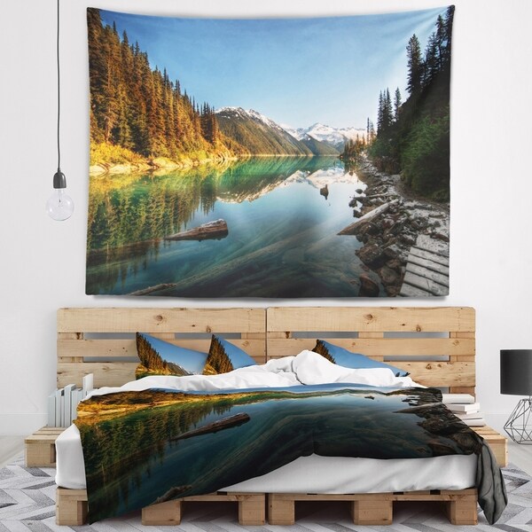Designart 'Snowy Path Along Mountain Lake' Landscape Wall Tapestry